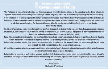 Statement Government of India on Farmers Protest Issue.